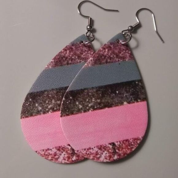 Pink & Gray  Sparkle Stripes Teardrop Earrings - Picture 2 of 6